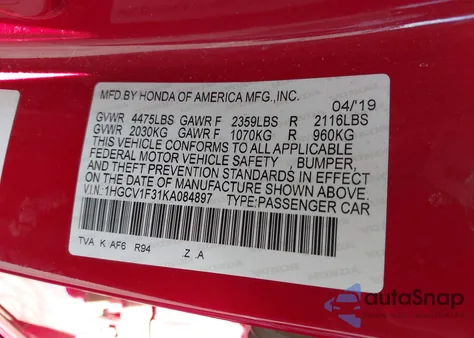 2019 Honda Accord Sport из США, поврежденный, VIN 1HGCV1F31KA084897